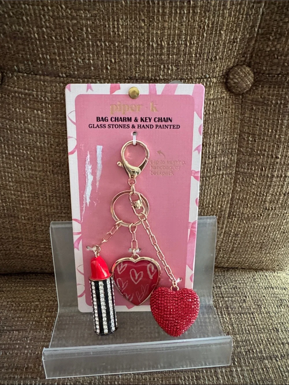 Piper K rhinestone heart lipstick bag charm key chain NWT